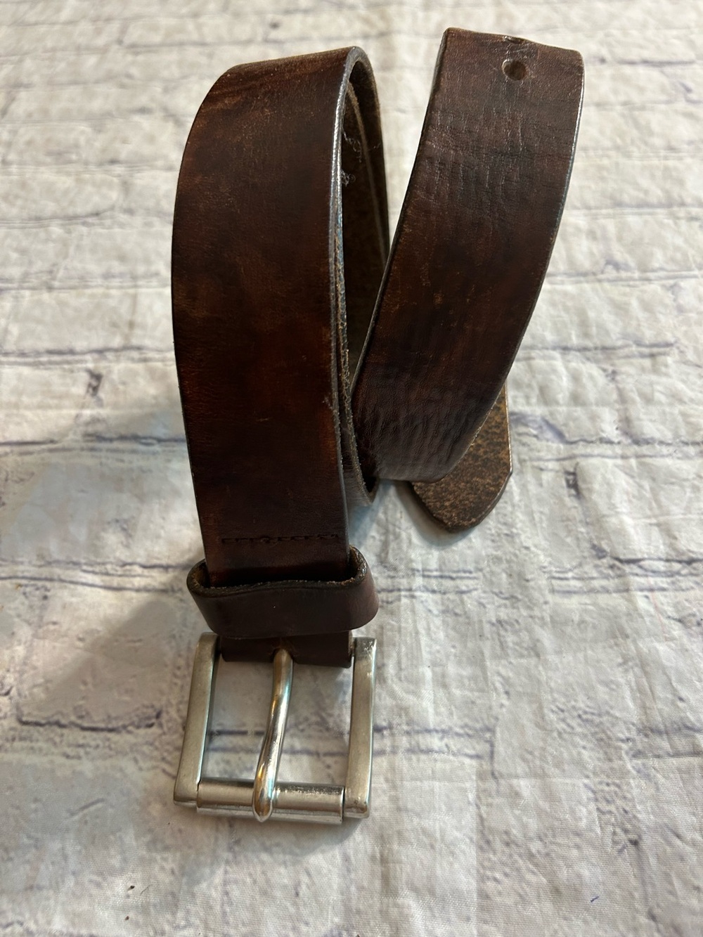 RIGGINGS VTG CHUNKY BROWN LEATHER MENS BELT SILVER TONE ROLL BUCKLE RUGGED STYLE